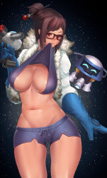 Rule 34 | 1girl, black-framed eyewear, black background, blue background, blue gloves, blue shirt, blue shorts, breasts, brown eyes, brown hair, cleavage, clothes in mouth, clothes lift, coat, cowboy shot, drone, floating, fur-trimmed jacket, fur coat, fur trim, gloves, gradient background, hair bun, hair ornament, hair stick, holding, holding weapon, jacket, large breasts, long sleeves, looking to the side, mei (overwatch), mouth hold, navel, niur, no bra, overwatch, overwatch 1, robot, shirt, shirt in mouth, shirt lift, short hair, short shorts, shorts, single hair bun, snowball (overwatch), snowing, solo, thighs, weapon, winter clothes, winter coat