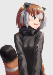 Rule 34 | 1girl, autism wanderer, bad id, bad pixiv id, black bow, black bowtie, black eyes, black shirt, blouse, bow, bowtie, commentary, fang, fur collar, grey background, highres, kemono friends, kemono friends 2, lesser panda (kemono friends), long sleeves, looking away, looking to the side, multicolored hair, open mouth, orange hair, red panda ears, red panda tail, shirt, short hair, simple background, solo, two-tone hair, upper body, white hair
