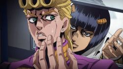 Rule 34 | 2boys, animated, animated gif, black hair, blonde hair, blue eyes, bob cut, bruno bucciarati, giorno giovanna, green eyes, hair ornament, hairclip, jojo no kimyou na bouken, licking, licking another&#039;s face, lowres, male focus, multiple boys, screencap, sweat, the taste of a liar, tongue, tongue out, vento aureo