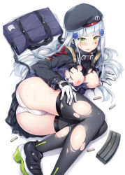 Rule 34 | 1girl, akizora momiji, animal print, arm support, ass, bag, beret, black thighhighs, blush, breasts, bullet, cameltoe, cat print, commentary request, cross, earphones, embarrassed, girls&#039; frontline, gloves, green eyes, hand on own thigh, hat, highres, hk416 (girls&#039; frontline), iron cross, jacket, long hair, looking at viewer, lying, magazine (weapon), medium breasts, nipples, no bra, on side, panties, pantyshot, plaid, plaid skirt, pleated skirt, silver hair, simple background, skirt, solo, sweat, thighhighs, thighs, torn clothes, torn jacket, torn thighhighs, underwear, upskirt, white background, white panties