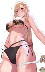Rule 34 | 1boy, 1girl, absurdres, bandaged fingers, bandages, bikini, black bikini, blonde hair, blush, breasts, cameltoe, cleavage, closed mouth, commentary request, cowboy shot, ear piercing, earrings, eyes visible through hair, floral print, from below, gojou wakana, groin, hair between eyes, highres, humming, jewelry, kitagawa marin, large breasts, lips, long hair, measuring, multicolored hair, musical note, navel, out of frame, piercing, pink hair, pov, pov hands, print bikini, red eyes, sawatari kazuma, side-tie bikini bottom, simple background, skindentation, solo focus, sono bisque doll wa koi wo suru, standing, stomach, straight hair, string bikini, sweatdrop, swept bangs, swimsuit, tape measure, thighs, two-tone hair, underboob, white background