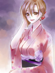 Rule 34 | 1girl, alternate hairstyle, brown eyes, brown hair, earrings, female focus, flower, gradient background, japanese clothes, jewelry, kimono, lips, meiko (vocaloid), short hair, solo, vocaloid
