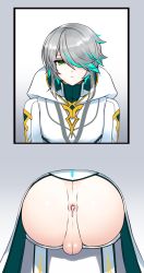 Rule 34 | 1boy, after anal, after vaginal, ainchase ishmael, anal, anus, ass, ass focus, bluhen (elsword), clothes, cum, cum in ass, elsword, gloves, gradient background, green eyes, hair over one eye, highres, male focus, male penetrated, multicolored hair, open clothes, partially undressed, short hair, simple background, solo, stuck, tacticalfield, testicles, through wall, yaoi