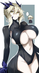 Rule 34 | 2girls, artoria pendragon (all), artoria pendragon (fate), artoria pendragon (lancer alter) (fate), black bodysuit, blonde hair, bodysuit, braid, breasts, center opening, chibi, fate/grand order, fate/stay night, fate (series), french braid, gin moku, hair between eyes, highres, horns, large breasts, long hair, looking at viewer, multiple girls, navel, revealing clothes, ribbed bodysuit, saber alter, sidelocks, thighs, underboob, yellow eyes