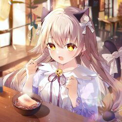 1girl animal_ears bow cat_ears cat_girl cat_tail cuream fang food heaven_burns_red highres indoors long_hair ogasawara_hisame pajamas ribbon star-shaped_pupils star_(symbol) symbol-shaped_pupils tail white_bow white_hair yellow_eyes