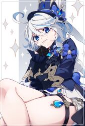 Rule 34 | 1girl, ahoge, black gloves, blue bow, blue eyes, blue hair, blue hat, blue jacket, bow, commentary request, crossed legs, furina (genshin impact), genshin impact, gloves, grin, hat, hat bow, head tilt, highres, jacket, long hair, long sleeves, looking at viewer, mini hat, mini top hat, multicolored hair, parted lips, pomepome1207, sitting, smile, solo, streaked hair, thigh strap, thighs, top hat, very long hair, white gloves, white hair