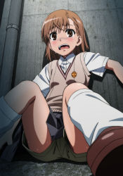 Rule 34 | 1girl, absurdres, against wall, blush, brown eyes, brown hair, crying, crying with eyes open, female focus, highres, looking at viewer, misaka mikoto, open mouth, scared, school uniform, shorts, skirt, solo, tears, teeth, toaru kagaku no railgun, toaru majutsu no index, tongue, upper teeth only