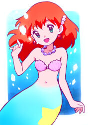 Rule 34 | 1girl, :d, bare arms, bead necklace, beads, commentary request, creatures (company), earrings, eyelashes, game freak, green eyes, hand up, happy, highres, jewelry, kyanos (b 0000ff), long hair, mermaid, mermaid misty (pokemon), misty (pokemon), monster girl, navel, necklace, nintendo, open mouth, orange hair, pokemon, pokemon (anime), pokemon (classic anime), shell, shell bikini, smile, solo, underwater