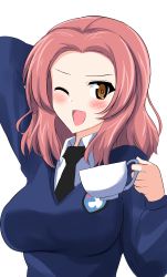 Rule 34 | 1girl, ;d, absurdres, aikir (jml5160), arm behind head, arm up, black necktie, blue sweater, blush, brown eyes, cup, dress shirt, emblem, girls und panzer, highres, holding, holding cup, long sleeves, looking at viewer, medium hair, necktie, one eye closed, open mouth, red hair, rosehip (girls und panzer), school uniform, shirt, simple background, smile, solo, st. gloriana&#039;s (emblem), st. gloriana&#039;s school uniform, sweater, teacup, upper body, v-neck, white background, white shirt, wing collar