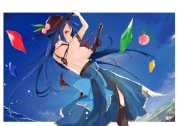 Rule 34 | 1girl, arm up, back, back cutout, blue hair, blush, breasts, clothing cutout, dutch angle, food, from behind, fruit, hat, hinanawi tenshi, long hair, looking at viewer, looking back, md5 mismatch, peach, profile, red eyes, resized, ribbon, short sleeves, skirt, sky, solo, sword, tetsurou (fe+), touhou, water, weapon