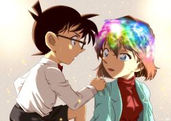 Rule 34 | 1boy, 1girl, black shorts, blue eyes, blue jacket, bow, bowtie, brown hair, child, edogawa conan, glasses, haibara ai, hair between eyes, hand on another&#039;s shoulder, jacket, long sleeves, meitantei conan, open clothes, open jacket, red bow, red neckwear, red sweater, shirt, short hair, shorts, sooma4869, sweater, white shirt