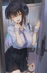 Rule 34 | 1girl, absurdres, black hair, blush, borrowed character, breasts, cat, collared shirt, commentary request, demon horns, dia (hong), dress shirt, fangs, highres, horns, hxxg, large breasts, long hair, looking at viewer, mask, mask pull, mouth mask, necktie, open door, orange eyes, original, pleated skirt, shirt, skirt, slit pupils, solo, wet, wet clothes, wet shirt, wrist cuffs