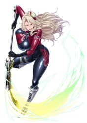 Rule 34 | 00s, 1girl, blonde hair, blue eyes, bodysuit, breasts, eliza perlman, female focus, full body, highres, huge breasts, kangoku academia, kangoku senkan, latex, latex suit, lilith-soft, long hair, looking at viewer, parted lips, prison academia, shiny skin, sian, smile, solo, standing, weapon