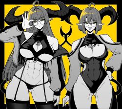 Rule 34 | 2girls, abs, absurdres, ahoge, breasts, chest tattoo, covered navel, cowboy shot, demon girl, demon horns, demon tail, glasses, gluteal fold, hand on own hip, highres, horns, jacket, large breasts, leotard, long hair, long sleeves, looking at viewer, mole, mole under mouth, multiple girls, navel, open clothes, open jacket, open mouth, original, panties, pointy ears, short hair, stomach, tail, tattoo, thighhighs, thighs, tongue, tongue out, underwear, unzipped, yellow background, yones81239278