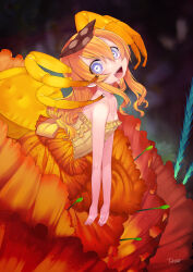 Rule 34 | 1girl, absurdres, arthropod girl, bare shoulders, breasts, bright pupils, dancho (dancyo), dress, drooling, flower, head tilt, highres, insect girl, long hair, looking at viewer, open mouth, orange hair, original, purple eyes, saliva, sharp teeth, small breasts, solo, spider girl, strapless, strapless dress, tagme, teeth, tongue, white pupils, yellow dress