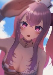 Rule 34 | 1girl, absurdres, bare shoulders, bikini, blurry, breasts, cloud, commentary request, day, goddess of victory: nikke, hat, highres, large breasts, milmil7, open mouth, outdoors, pepper (nikke), pepper (ocean vitamin) (nikke), pink eyes, pink hair, side ponytail, sky, solo, swimsuit, teeth, upper teeth only, white bikini, white hat