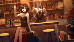 Rule 34 | 2girls, :d, alcohol, bare arms, bare shoulders, black dress, black flower, black hair, black rose, blonde hair, blurry, blurry foreground, bottle, brown sleeves, cocktail shaker, commentary request, crossed legs, cup, depth of field, detached sleeves, doll joints, dress, drinking glass, flower, hair between eyes, hair ribbon, highres, holding, holding cup, ji dao ji, joints, long hair, long sleeves, low twintails, multiple girls, one eye covered, open mouth, original, ponytail, red eyes, red flower, red ribbon, red rose, ribbon, rose, sitting, sleeveless, sleeveless dress, sleeves past wrists, smile, stool, thigh strap, twintails, very long hair, wine glass