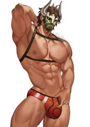 Rule 34 | 1boy, abs, alternate costume, alternate pectoral size, armpits, bara, bare pectorals, brown hair, bulge, chest harness, clothing cutout, commission, cross-laced clothes, cross-laced cutout, crotch cutout, feet out of frame, fire emblem, hand on own neck, harness, highres, horned mask, jouvru, large bulge, large pectorals, legion (fire emblem), looking at viewer, male focus, male swimwear, male swimwear pull, mask, muscular, muscular male, navel, nintendo, nipples, orange male swimwear, pectorals, short hair, solo, stomach, swim briefs, thick thighs, thighs, underbust, white background