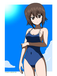 Rule 34 | 1girl, blue one-piece swimsuit, blush, breasts, brown eyes, closed mouth, covered navel, dated, girls und panzer, highres, looking at viewer, naotosi, nishizumi maho, one-piece swimsuit, small breasts, solo, swimsuit