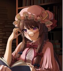 Rule 34 | 1girl, adjusting eyewear, bespectacled, book, bookshelf, bow, commentary request, crescent, crescent hat ornament, emoriza, glasses, hair bow, hat, hat ornament, highres, mob cap, patchouli knowledge, purple eyes, purple hair, reading, sidelocks, signature, solo, touhou