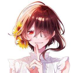 Rule 34 | 1girl, ahoge, asymmetrical hair, bare arms, brown hair, closed mouth, coco 079, commentary, dot nose, eyes visible through hair, finger to mouth, floating hair, flower, frilled shirt collar, frills, hair flower, hair ornament, hair over one eye, hand up, highres, index finger raised, light smile, long bangs, looking at viewer, original, pleated shirt, red eyes, red hair, shirt, short hair, short hair with long locks, simple background, sleeveless, sleeveless shirt, solo, straight-on, sunflower, symbol-only commentary, white background, white shirt