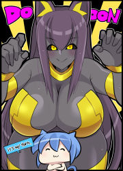 Rule 34 | 2girls, animal ears, blue hair, blush, bra, bracelet, breast focus, breasts, cat ears, cat tail, chibi, cleavage, english text, closed eyes, iriomote umineko, jewelry, large breasts, long hair, multiple girls, naughty face, necklace, nude, original, purple hair, smile, speech bubble, straight hair, sweat, tail, underwear, yellow bra, yellow eyes