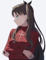 Rule 34 | 1girl, breasts, brown hair, closed mouth, cross, crossed arms, expressionless, fate (series), green eyes, highres, latin cross, long hair, long sleeves, looking to the side, medium breasts, print sweater, profile, red sweater, shimizu tomoki, simple background, solo, sweater, tohsaka rin, two side up, upper body, very long hair, white background