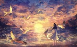 Rule 34 | 1girl, bad id, bad pixiv id, bare arms, barefoot, beach, bird, brown hair, cloud, cloudy sky, dress, facing away, from behind, full body, hair blowing, hill, horizon, light particles, long hair, ocean, original, outdoors, scenery, seagull, shore, sky, solo, standing, sunset, white dress, wide shot, wind, wind lift, yingsu jiang