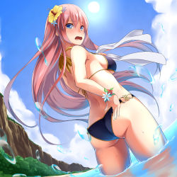 Rule 34 | 1girl, absurdres, alternate costume, ass, bare arms, bare shoulders, beach, bit (keikou syrup), blue eyes, blue flower, blush, bracelet, breasts, butt crack, cliff, cloud, day, dutch angle, embarrassed, eyebrows, flower, from behind, from below, hair flower, hair ornament, hibiscus, highres, jewelry, long hair, looking at viewer, looking down, medium breasts, megurine luka, ocean, outdoors, pink hair, ribbon, shore, sideboob, sky, solo, summer, sun, sunlight, thighs, very long hair, vocaloid, wading, water, water drop, white flower, yellow ribbon