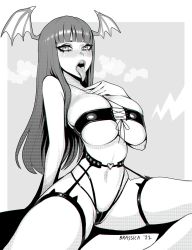 Rule 34 | 1girl, artist name, bare shoulders, bat wings, blunt bangs, brassica, breasts, demon girl, greyscale, hand on own chest, head wings, highres, large breasts, leather panties, long hair, looking at viewer, monochrome, morrigan aensland, nose, open mouth, simple background, sitting, solo, thighs, tongue, tongue out, vampire (game), wings