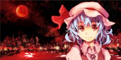 Rule 34 | 1girl, adapted costume, blue hair, city, cityscape, dress, face, female focus, full moon, hat, hat ribbon, highres, light, light purple hair, looking at viewer, makuwauri, moon, night, red eyes, red moon, remilia scarlet, ribbon, short hair, sky, smile, solo, star (sky), starry sky, touhou, vest