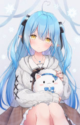 Rule 34 | 1girl, :3, absurdres, ahoge, animal, aran sweater, black bow, blue hair, blush, bow, brown dress, cable knit, cardigan, closed mouth, commentary request, dress, elf, expressionless, fingernails, grey background, hair between eyes, hair bow, head tilt, heart, heart ahoge, highres, holding, holding animal, hololive, jewelry, long hair, long sleeves, looking at viewer, multicolored hair, necklace, official alternate costume, open cardigan, open clothes, plaid, plaid dress, pointy ears, shano hiyori, sidelocks, sitting, sleeves past wrists, snowflakes, solo, streaked hair, sweater, two side up, virtual youtuber, white sweater, yellow eyes, yukihana lamy, yukihana lamy (casual), yukimin (yukihana lamy)