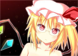 Rule 34 | 1girl, :&lt;, bare shoulders, bespectacled, blonde hair, close-up, collarbone, female focus, flandre scarlet, glasses, hat, head tilt, looking at viewer, red eyes, rioshi, solo, topless, topless frame, touhou, wings