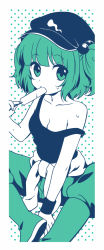 Rule 34 | 1girl, bare shoulders, blue eyes, blue hair, boots, breasts, food, hair ornament, hat, ica, ice cream, kawashiro nitori, looking at viewer, matching hair/eyes, off shoulder, pants, polka dot, polka dot background, rubber boots, shirt, short hair, simple background, sitting, small breasts, solo, strap slip, sweat, sweater, touhou, twintails, two side up