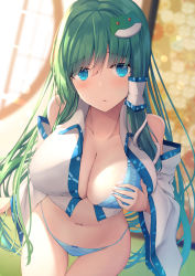 Rule 34 | 1girl, absurdres, bare shoulders, blue bra, blue eyes, blue panties, blurry, blurry background, blush, bra, breast hold, breasts, cleavage, collarbone, collared shirt, commentary request, cowboy shot, detached sleeves, foreshortening, frog hair ornament, green hair, groin, hair between eyes, hair ornament, hair tubes, highres, japanese clothes, kochiya sanae, large breasts, leaning forward, liya, long hair, looking at viewer, midriff, miko, navel, no pants, nontraditional miko, open clothes, open shirt, panties, parted lips, shirt, sidelocks, sleeveless, sleeveless shirt, snake hair ornament, solo, standing, touhou, underwear, white shirt
