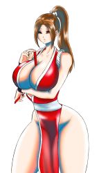 Rule 34 | 1girl, between breasts, breasts, brown eyes, brown hair, cleavage, curvy, fatal fury, female focus, folding fan, hand fan, highres, holding, holding fan, huge breasts, long hair, matching hair/eyes, ninja, pelvic curtain, ponytail, revealing clothes, shiranui mai, solo, standing, thick thighs, thighs, wide hips