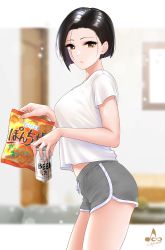 Rule 34 | 1girl, absurdres, artist logo, artist name, beer can, black hair, blurry, blurry background, bokeh, breasts, brown eyes, can, casual, closed mouth, commentary request, cowboy shot, depth of field, dolphin shorts, drink, drink can, expressionless, food, grey shorts, highres, holding, holding can, holding drink, holding food, infinote, lips, looking at viewer, medium breasts, midriff, original, parted bangs, shirt, short hair, short shorts, short sleeves, shorts, signature, snack, solo, t-shirt, thighs, white shirt, yashiki yuuko (infinote)