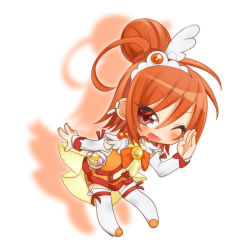 Rule 34 | 10s, 1girl, bike shorts, bike shorts under skirt, blush, boots, bow, bowtie, brooch, cure sunny, dress, earrings, eyelashes, fang, full body, hair bun, hino akane (smile precure!), inuue kiyu, jewelry, magical girl, one eye closed, orange bow, orange bowtie, orange dress, orange hair, orange shorts, orange skirt, orange theme, precure, red eyes, short hair, shorts, shorts under skirt, single hair bun, skirt, smile, smile precure!, solo, thigh boots, thighhighs, tiara, white background, white thighhighs, wink