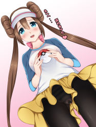 Rule 34 | 10s, 1girl, bad id, bad pixiv id, black pantyhose, blue eyes, blush, breasts, brown hair, creatures (company), double bun, from below, game freak, hair bun, hat, highres, long hair, looking down, medium breasts, nintendo, nipples, open mouth, panties, panties under pantyhose, pantyhose, pantyhose under shorts, pokemon, pokemon bw2, pussy juice, pussy juice stain, raglan sleeves, ren san, rosa (pokemon), see-through, shorts, smile, solo, striped clothes, striped panties, translated, twintails, underwear, upshorts, visor cap, wet, wet clothes, wet panties, wet pantyhose