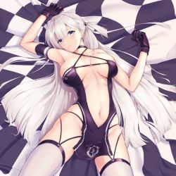 Rule 34 | 1girl, arm strap, arm up, azur lane, bare shoulders, black choker, black dress, black gloves, blue eyes, blunt bangs, blush, breasts, breasts apart, center opening, checkered flag, choker, closed mouth, clothes writing, copyright name, criss-cross halter, dress, enchuu kakiemon, flag, garter straps, gloves, halterneck, head tilt, highres, large breasts, long hair, looking at viewer, mole, mole under eye, navel, one side up, race queen, revealing clothes, shoukaku (azur lane), shoukaku (sororal wings) (azur lane), silver hair, smile, solo, stomach, straight hair, thighhighs, unzipped, very long hair, white thighhighs