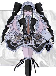 Rule 34 | 1girl, absurdres, black hair, black nails, bonnet, card, celestia ludenberg, claw ring, danganronpa: trigger happy havoc, danganronpa (series), drill hair, earrings, frilled jacket, frills, gothic lolita, highres, jacket, jewelry, layered skirt, lolita fashion, long hair, long sleeves, looking at viewer, nail polish, necktie, playing card, raamensusure, red eyes, red necktie, shirt, skirt, smile, solo, twin drills, twintails