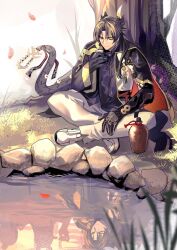 Rule 34 | 1boy, arknights, armor, black capelet, black hair, black jacket, black skin, bottle, capelet, chong yue (arknights), colored skin, cup, dragon boy, dragon horns, dragon tail, earrings, falling petals, full body, highres, holding, holding cup, horns, indian style, jacket, jewelry, lake, long hair, looking at object, male focus, multicolored skin, natsumaro, on grass, pants, parted bangs, petals, pointy ears, red eyes, reflection, reflective water, rock, shirt, shoes, shoulder armor, single sleeve, sitting, smile, solo, tail, tree, under tree, white footwear, white pants, white shirt
