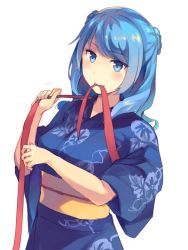 Rule 34 | 1girl, blue eyes, blue hair, commentary request, hair between eyes, kantai collection, long hair, looking at viewer, senbei (senbe i), solo, swept bangs, urakaze (kancolle), white background