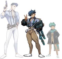 3boys absurdres ahoge black_jacket blue_hair brown_pants buttons chest_hair collared_shirt danyal_baron facial_hair fairytale_police_hoe_department full_body fusion gloves green_hair grey_eyes gun hair_between_eyes hands_in_pockets height_difference highres holding holding_gun holding_weapon idoraad jacket looking_at_viewer male_focus multiple_boys open_clothes open_jacket pants parted_lips pectoral_cleavage pectorals purple_shirt satou_kotarou_(fairytale_police_hoe_department) shirt short_hair sideburns_stubble standing stubble suspenders teeth undercut v weapon white_background white_bag white_footwear white_gloves