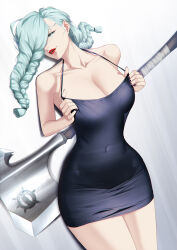 Rule 34 | 1girl, axe, bare arms, bare shoulders, black dress, black nails, blueorca, braid, braided bangs, braided ponytail, breasts, cleavage, collarbone, covered navel, dress, finger under clothes, grey eyes, hair over face, hair over one eye, halter dress, halterneck, highres, jujutsu kaisen, large breasts, lipstick, long hair, looking at viewer, makeup, mei mei (jujutsu kaisen), nail polish, one eye covered, red lips, smile, solo, thighs, tight clothes, tight dress, white hair