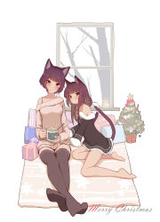 Rule 34 | 2girls, animal ear fluff, animal ears, bare tree, barefoot, bell, black dress, black legwear, blush, box, breasts, brown sweater, candle, candy, candy cane, cat ears, cat girl, cat tail, christmas, christmas tree, closed mouth, commentary request, crossed ankles, cup, dress, fire, food, fur-trimmed dress, fur-trimmed sleeves, fur trim, futoshi ame, gift, gift box, head tilt, highres, holding, holding cup, intertwined tails, jingle bell, long hair, long sleeves, looking at viewer, medium breasts, merry christmas, mug, multiple girls, no shoes, off-shoulder dress, off shoulder, original, ribbed sweater, short hair, sleeves past wrists, smile, steam, sweater, tail, thighhighs, tree, v-shaped eyebrows, white background, window