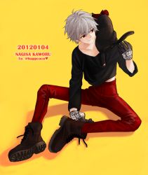 Rule 34 | 1boy, black cat, boots, casual, cat, contemporary, fashion, gloves, grey hair, male focus, nagisa kaworu, neon genesis evangelion, red eyes, sitting, solo, winter clothes, yellow background