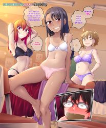 Rule 34 | 1boy, 3girls, :d, ahoge, armpits, arms behind head, arms up, artist name, asymmetrical bangs, bare arms, bare shoulders, barefoot, black bra, black hair, black panties, blonde hair, blue-framed eyewear, blue bra, blue panties, bow, bow bra, bow panties, bra, bracelet, breasts, brown eyes, cameltoe, ceiling light, chair, classroom, cleavage, cleft of venus, collarbone, covering own mouth, dark-skinned female, dark skin, desk, english text, gag, gamou maki, geewhy, glasses, gluteal fold, grin, hachiouji naoto, hair ornament, hairclip, hands on own hips, highres, ijiranaide nagatoro-san, improvised gag, indoors, inset, jewelry, long hair, medium breasts, midriff, mismatched underwear, multiple girls, nagatoro hayase, nail polish, navel, on table, one-piece tan, open mouth, orange hair, over-rim eyewear, panties, pink bow, pink nails, pink panties, polka dot, polka dot bra, polka dot panties, ponytail, purple eyes, red eyes, school chair, school desk, semi-rimless eyewear, sidelocks, single sidelock, small breasts, smile, speech bubble, stomach, table, tan, tanline, tape, tape gag, teeth, toenail polish, toenails, underwear, underwear only, v-shaped eyebrows, watermark, web address, white bra, wide-eyed, yoshi (nagatoro)