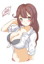 Rule 34 | 1girl, bikini, black bikini, braid, breasts, brown hair, calin, cleavage, commentary request, dated, green eyes, highres, kantai collection, large breasts, looking at viewer, noshiro (kancolle), one-hour drawing challenge, open clothes, open shirt, shirt, signature, simple background, solo, swept bangs, swimsuit, tied shirt, twin braids, upper body, white background, white shirt