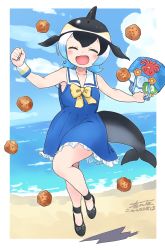 Rule 34 | 1girl, ^ ^, bag, bare shoulders, black bow, black footwear, black hair, blonde hair, blue dress, blue hair, blush, bow, bowtie, cetacean tail, closed eyes, collarbone, commentary request, common dolphin (kemono friends), dated, dorsal fin, dragon ball (object), dress, fanta (the banana pistols), fins, fish tail, footwear bow, frilled dress, frills, full body, handbag, highres, japari symbol, kemono friends, light blue hair, multicolored hair, open mouth, sailor collar, sailor dress, shoes, short hair, signature, sleeveless, sleeveless dress, solo, tail, wallet, white frills, wristband, yellow bow, yellow bowtie